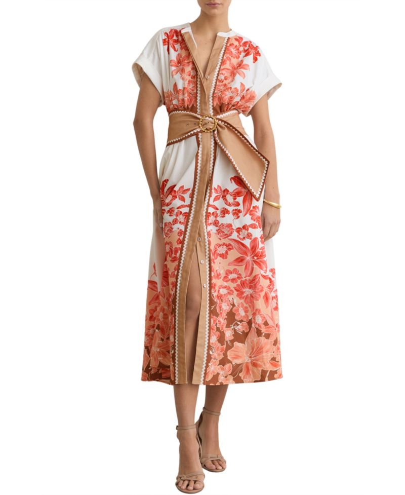 Women's Cotton Floral Belted with Stretch Midi Dress