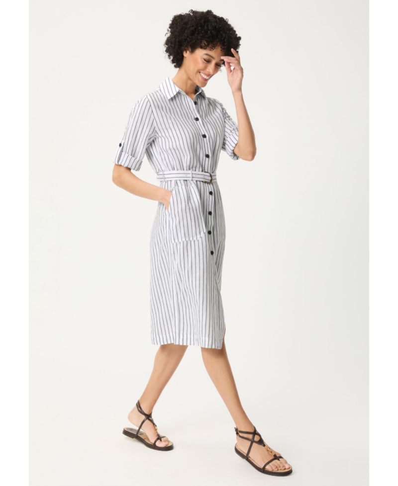 Women's Stripe Midi Linen-Cotton Blend Shirt Dress
