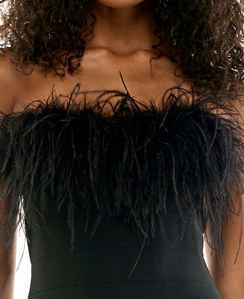 Juniors' Faux Feather-Trim Bandage Strapless Midi Dress