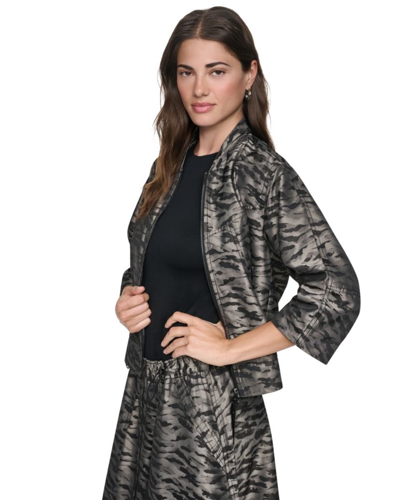 Women's Animal-Print 3/4-Sleeve Bomber Jacket