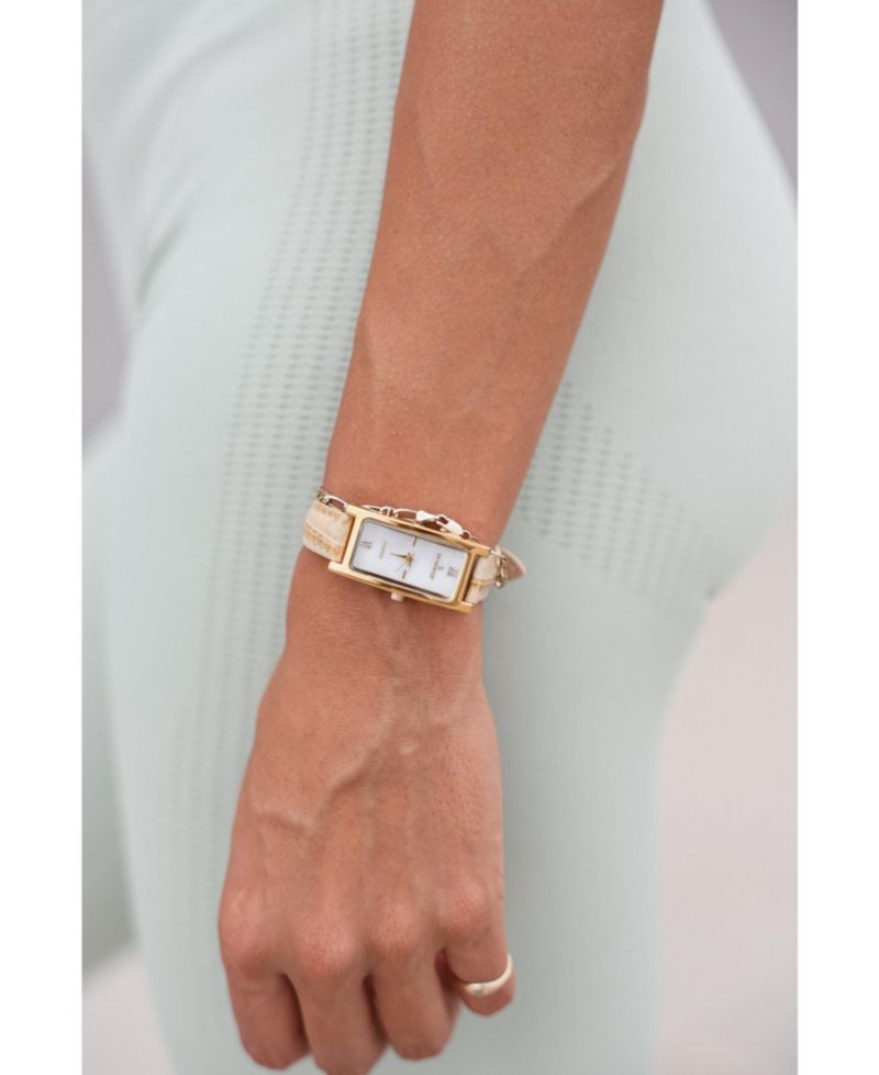Women 35x18mm Rectangular Watch Glossy Tan Leather Strap