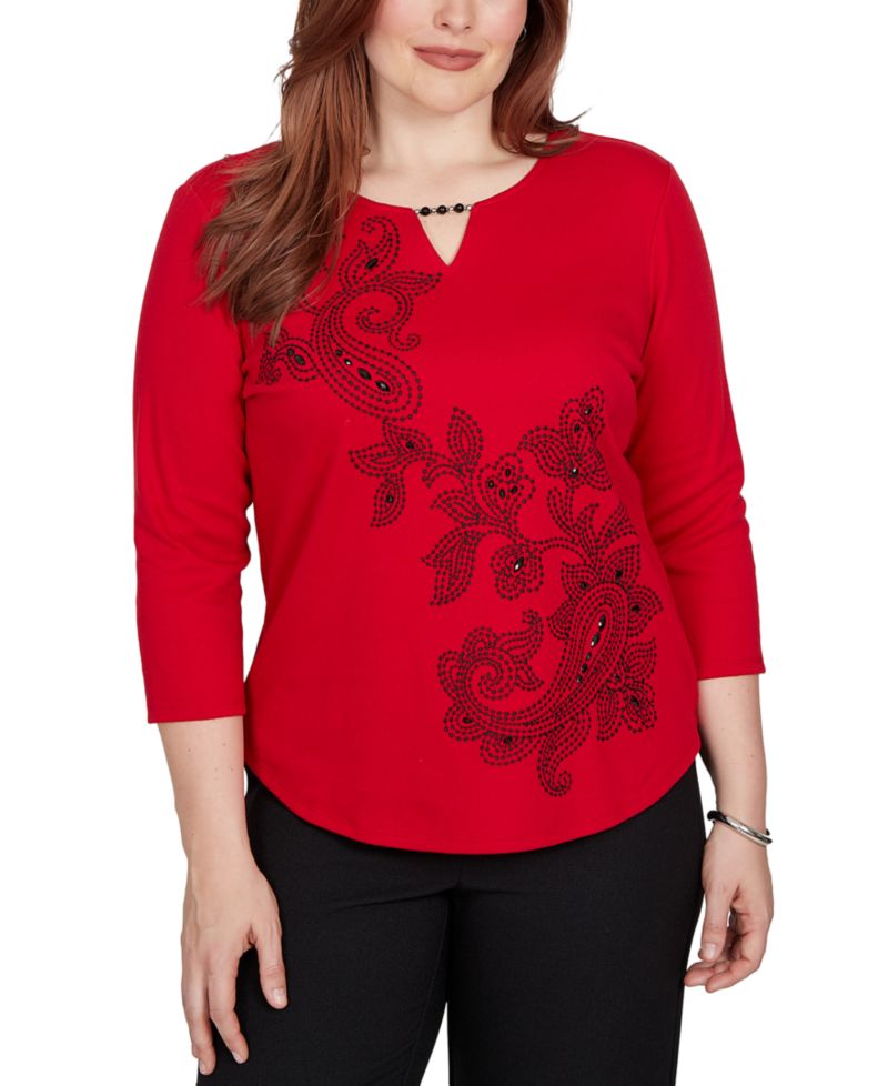 Petite Keyhole Neck Paisley 3/4-Sleeve Top