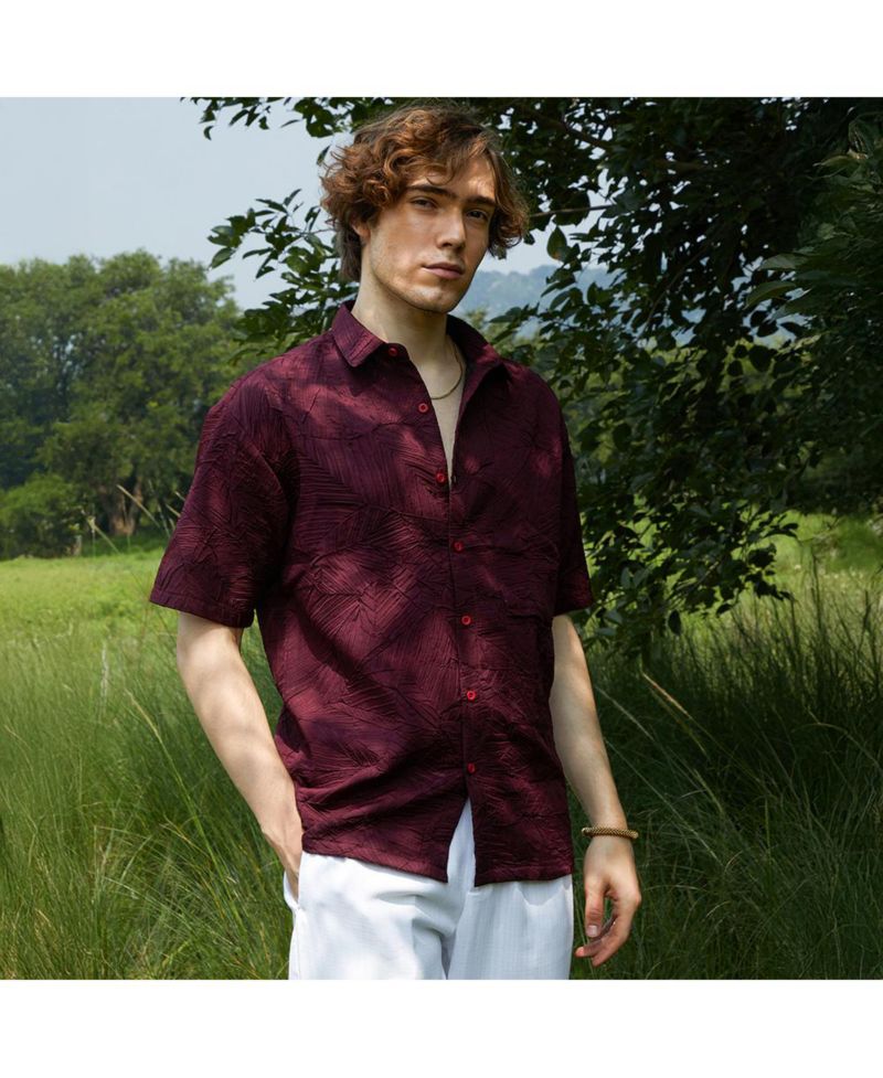 Men's Wine Red Foliage-Tactile Shirt