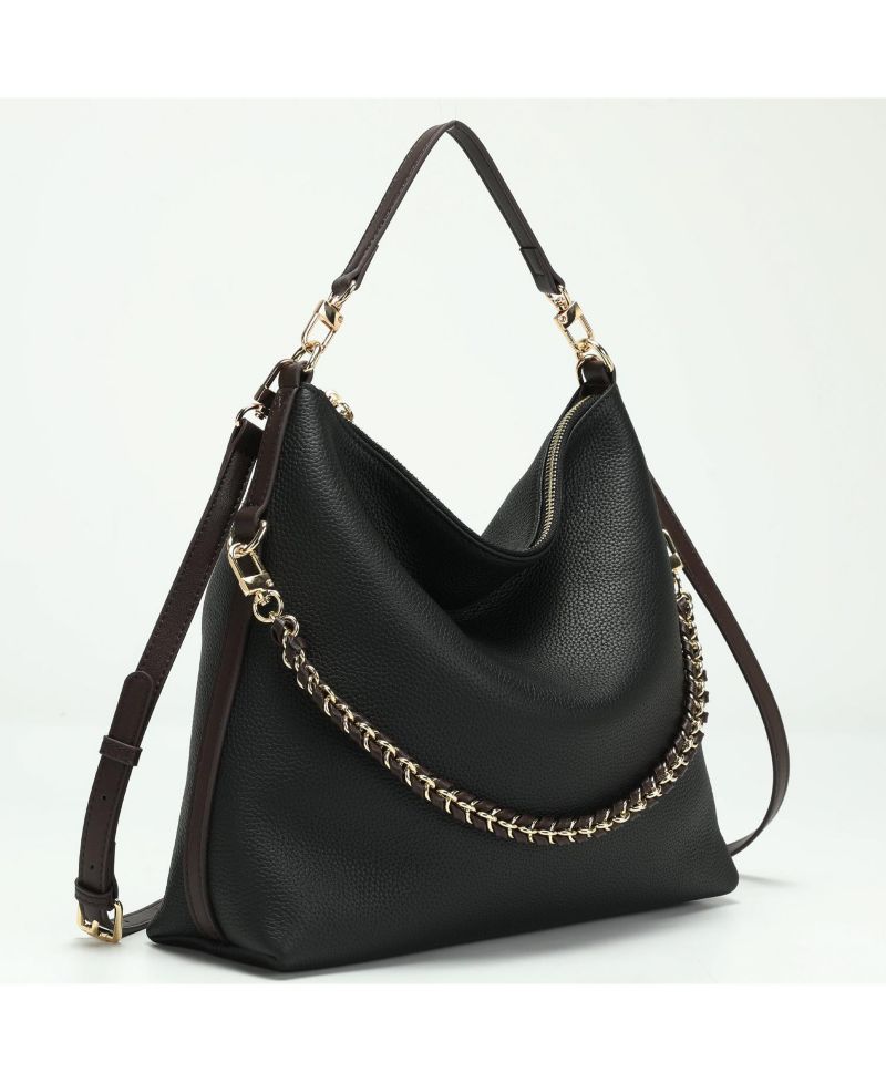Riva Leather Convertible Hobo Bag Shoulder and Crossbody with Chain Detail