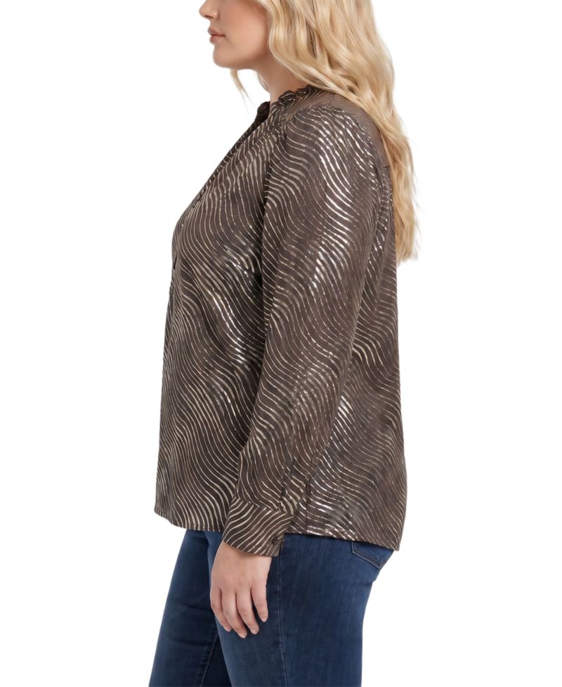 Plus Size Metallic-Print V-Neck Long-Sleeve Blouse