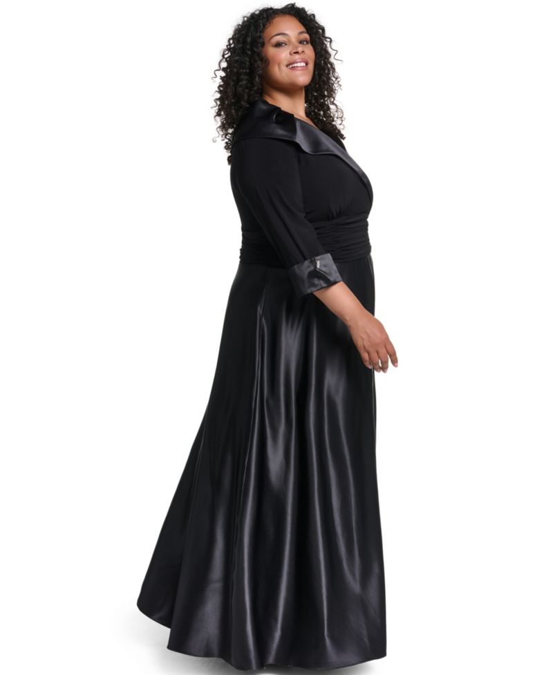 Plus Size V-Neck 3/4 Rhinestone Cuff Satin Dress