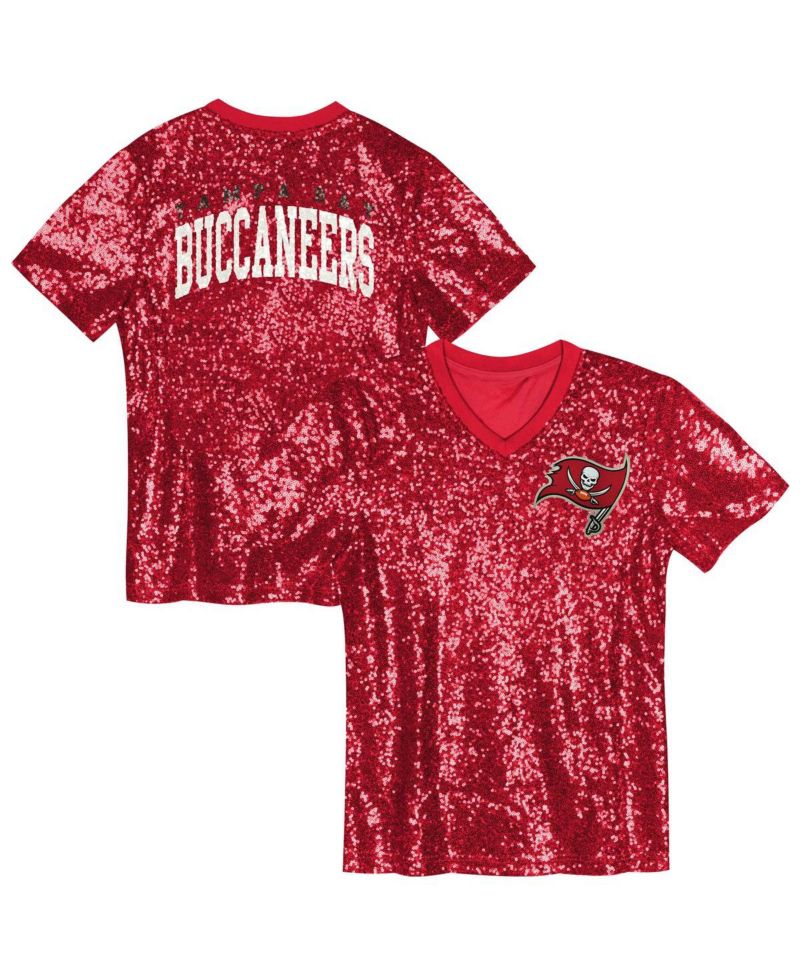 Big Girls Red Tampa Bay Buccaneers Wordmark Sequin V-Neck Top