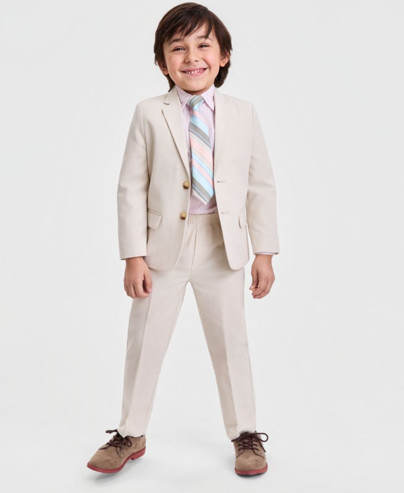 Boys' 2T-7 Peach Linen Notch Collar Suit Jacket, Pants, Long-Sleeve Stripe Shirt & Plaid Necktie, 4-Piece Set