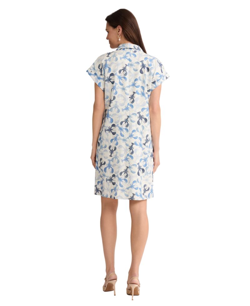 Petite Short-Sleeve Collared V-Neck Linen Printed Dress