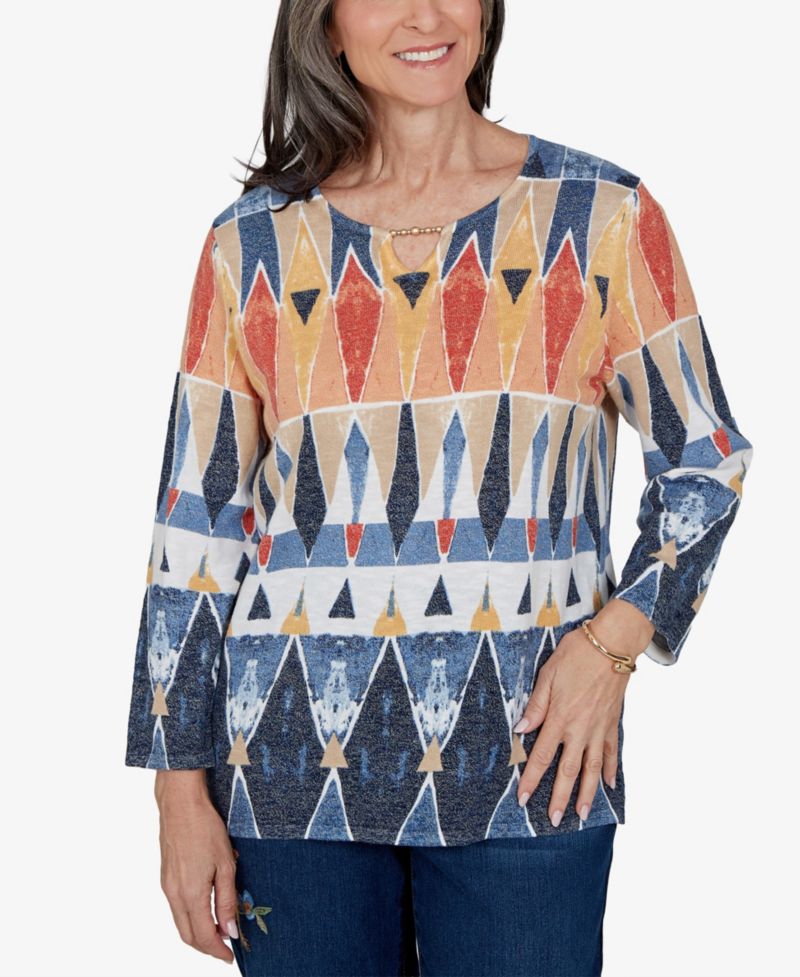 Women's Keyhole 3/4-Sleeve Geometric-Print Cotton-Blend Pullover