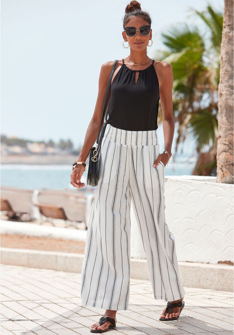 Women's Striped Wide Leg Smocked with Pockets Pants
