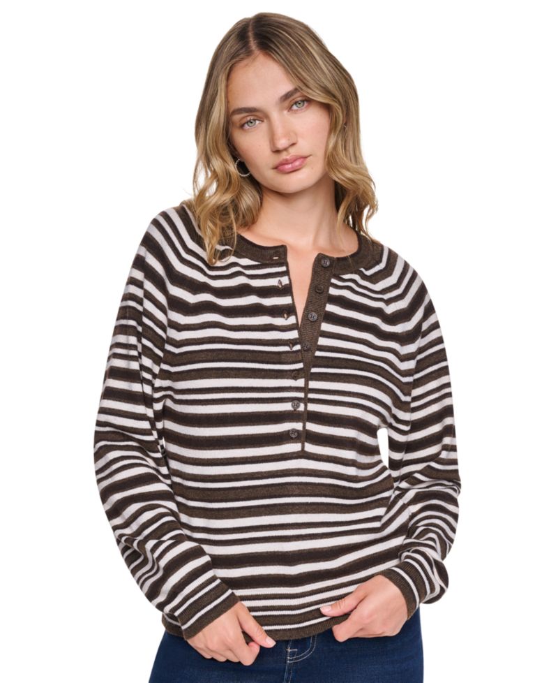 Women's Striped Raglan Crew Neck Long-Sleeve Henley Sweater