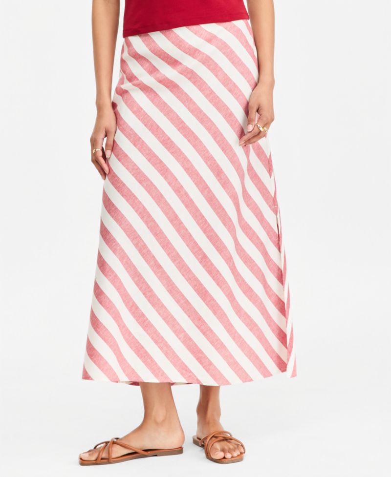 Women's Stripe Linen Blend Side Slit Skirt