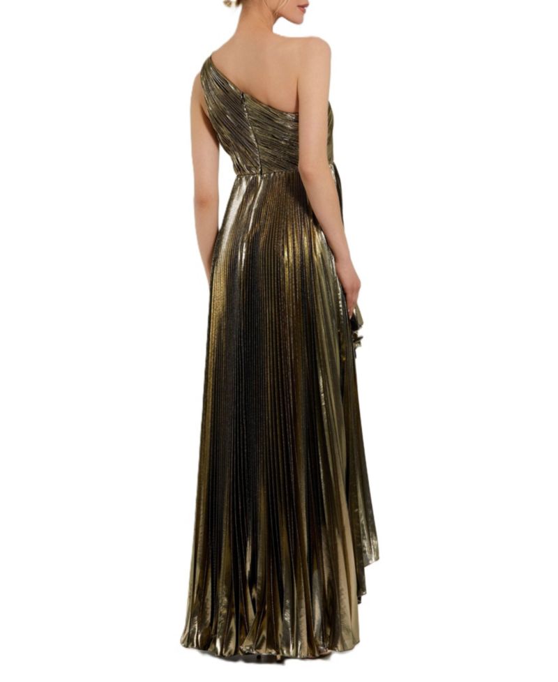 Women's Pleated Metallic One Shoulder High Low Gown