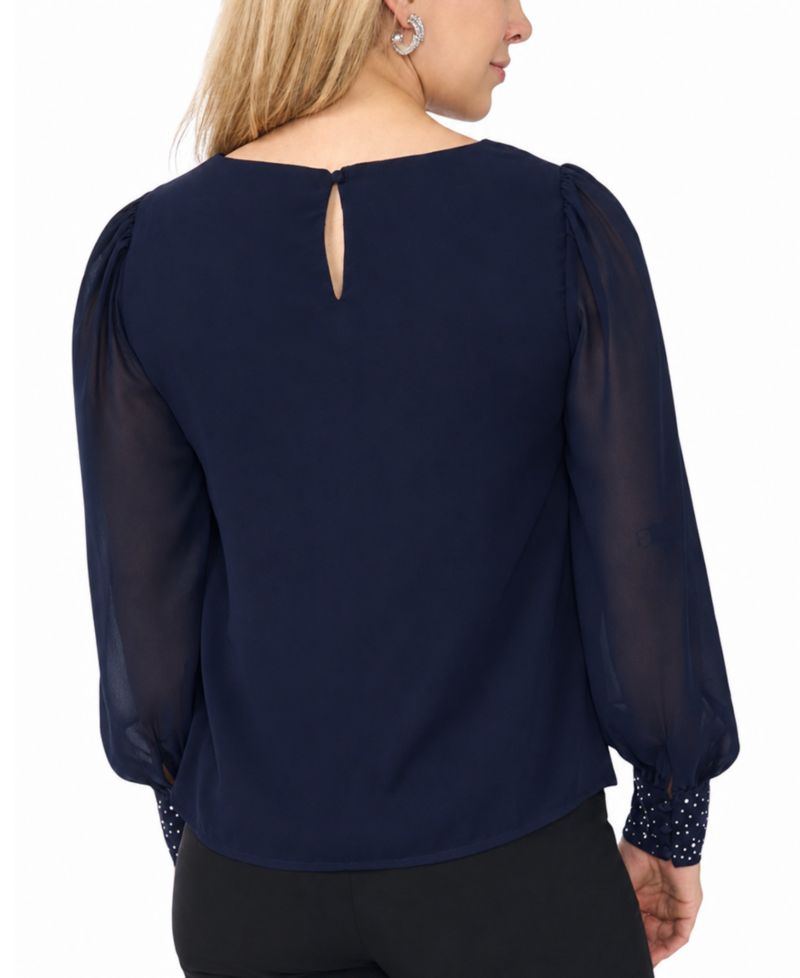 Petite Rhinestone-Embellished Long-Sleeve Blouse
