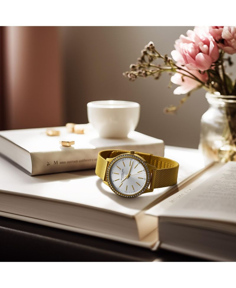 Women's Quartz Crystal Studded Gold Case and Gold Mesh Bracelet, Silver Dial, Gold Hands and Markers Watch