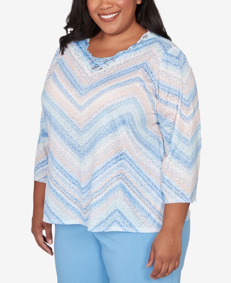 Plus Size St. Augustine Chevron Print Lace Trim Crew Neck Top