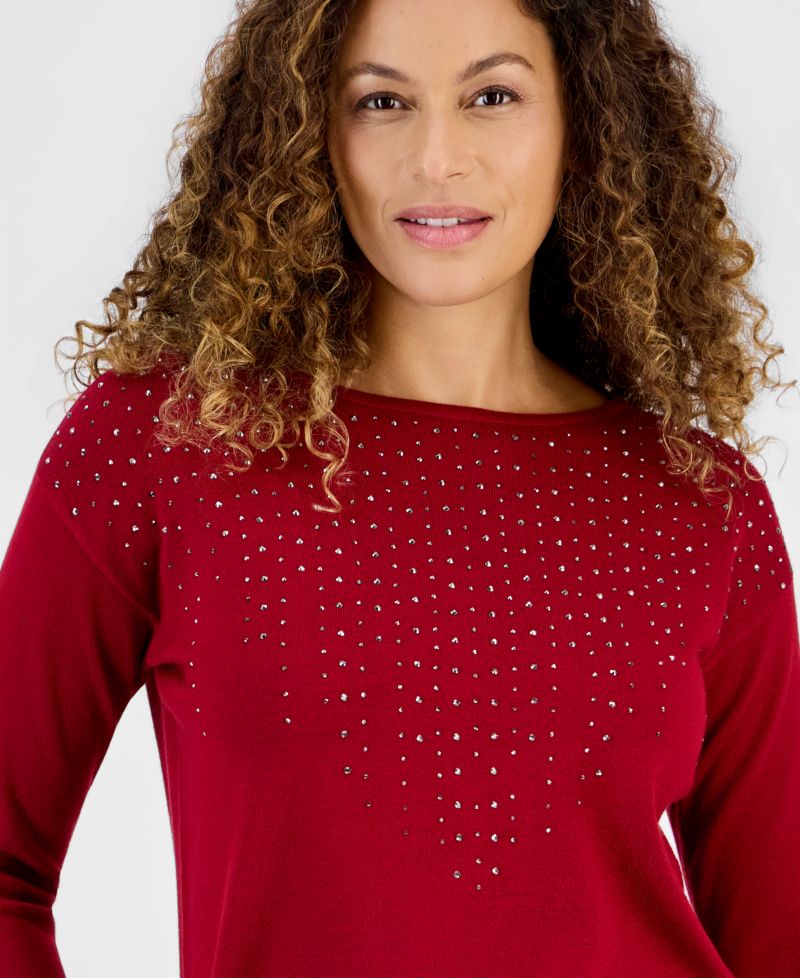 Petite Raining Sequin Boat-Neck Long-Sleeve Embellished Sweater
