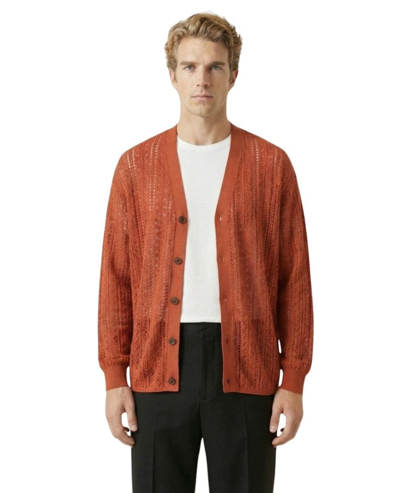 Men's Open-Knit Button-Front Textured Cardigan