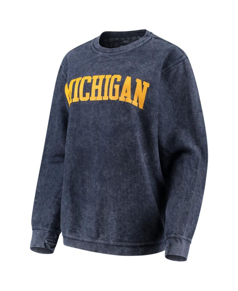 Women's Navy Distressed Michigan Wolverines Comfy Cord Vintage-Like Wash Basic Arch Pullover Sweatshirt