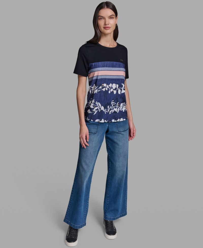 Women's Short-Sleeve Mix-Media Printed Knit Top