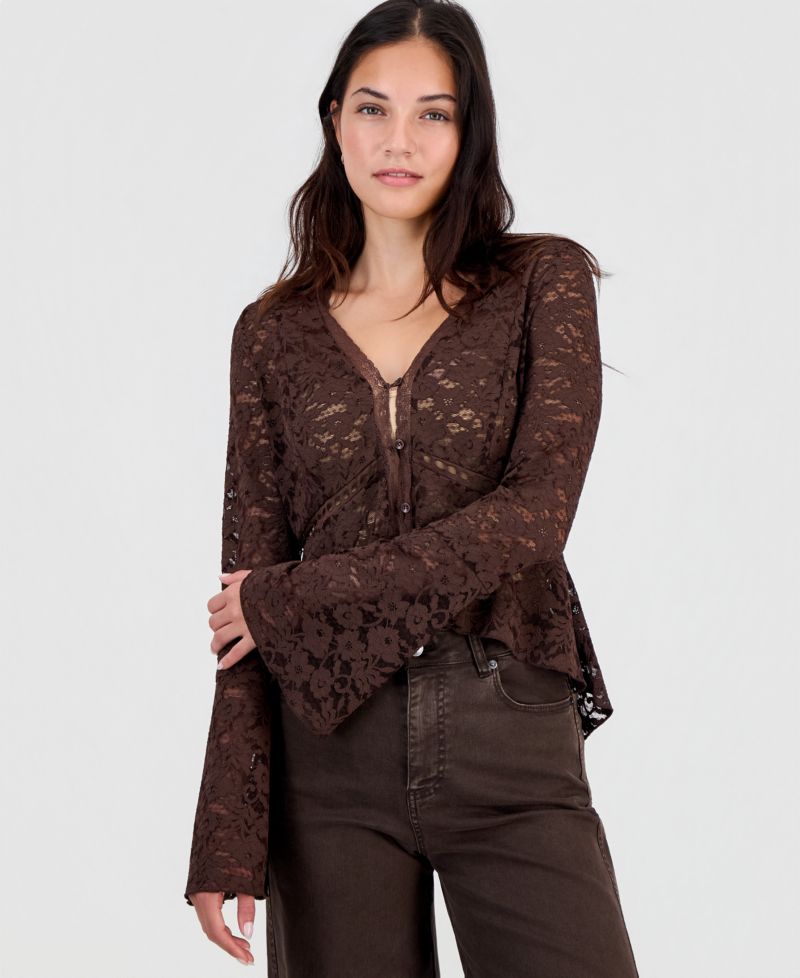 Women's Lace Bell-Sleeve Button-Front Top