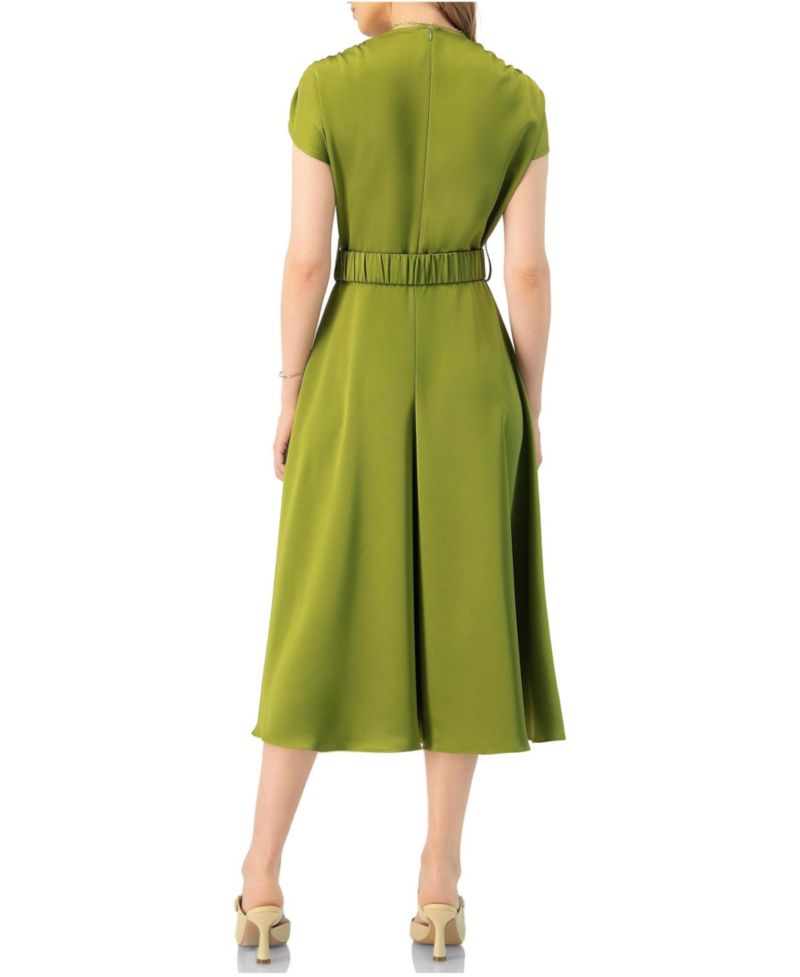 Women's Sleeveless Midi Satin Dress with Belt