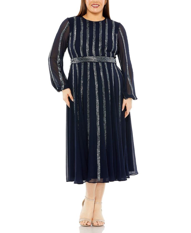 Plus Size Long Sheer Sleeve Beaded Dress