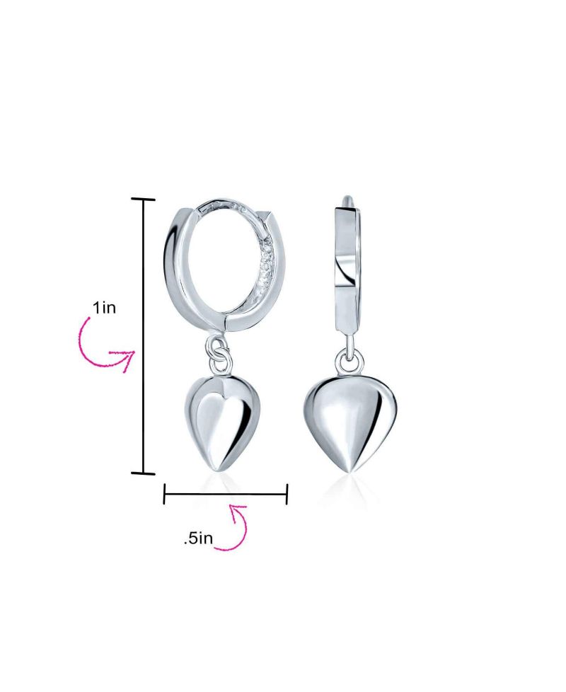Romantic Puff Heart Charm Dangling Huggie Earrings .925 Sterling Silver