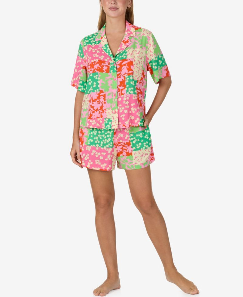 Women's Notch Collar Top and Mid-Rise Boxer Shorts, 2-Piece Set