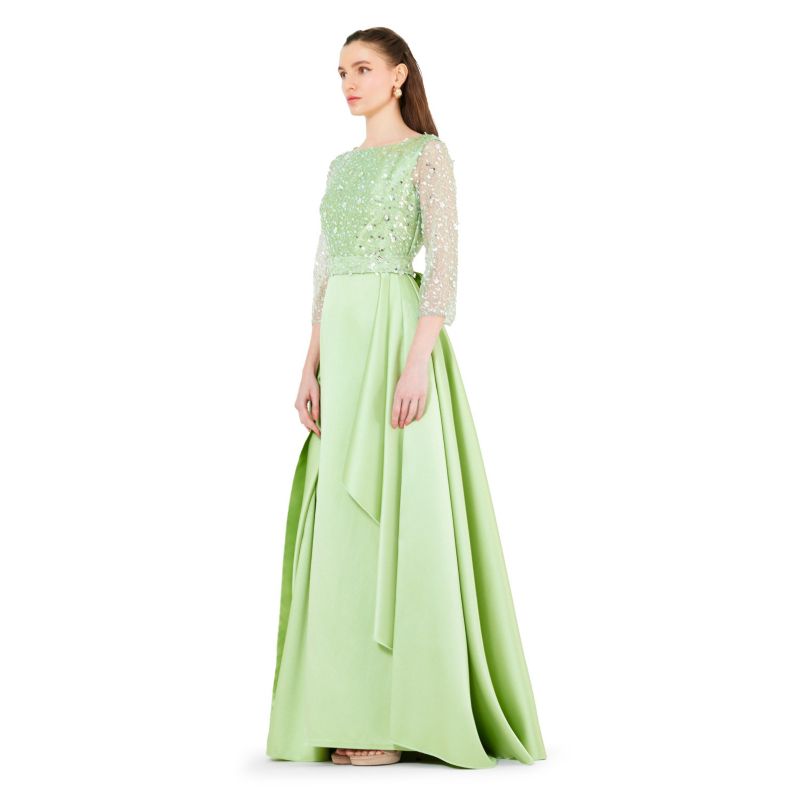 Beaded Bodice Column Gown with Cascading Train