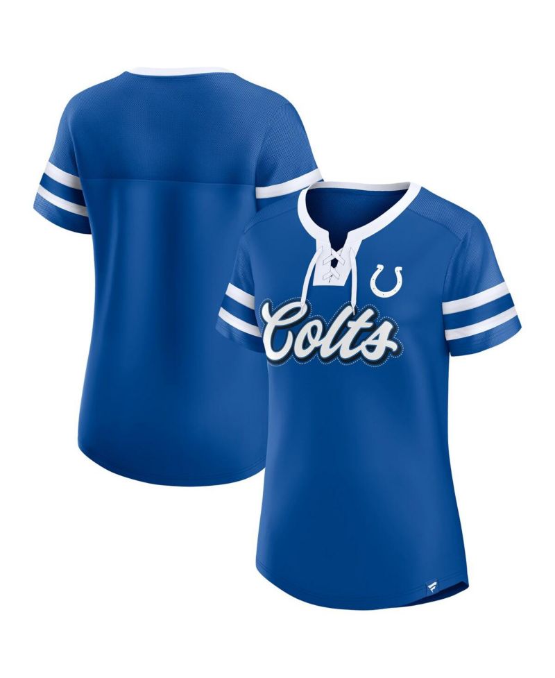 Women's Royal Indianapolis Colts True Catch Iconic Rhinestone Bling Athena Lace-Up T-Shirt