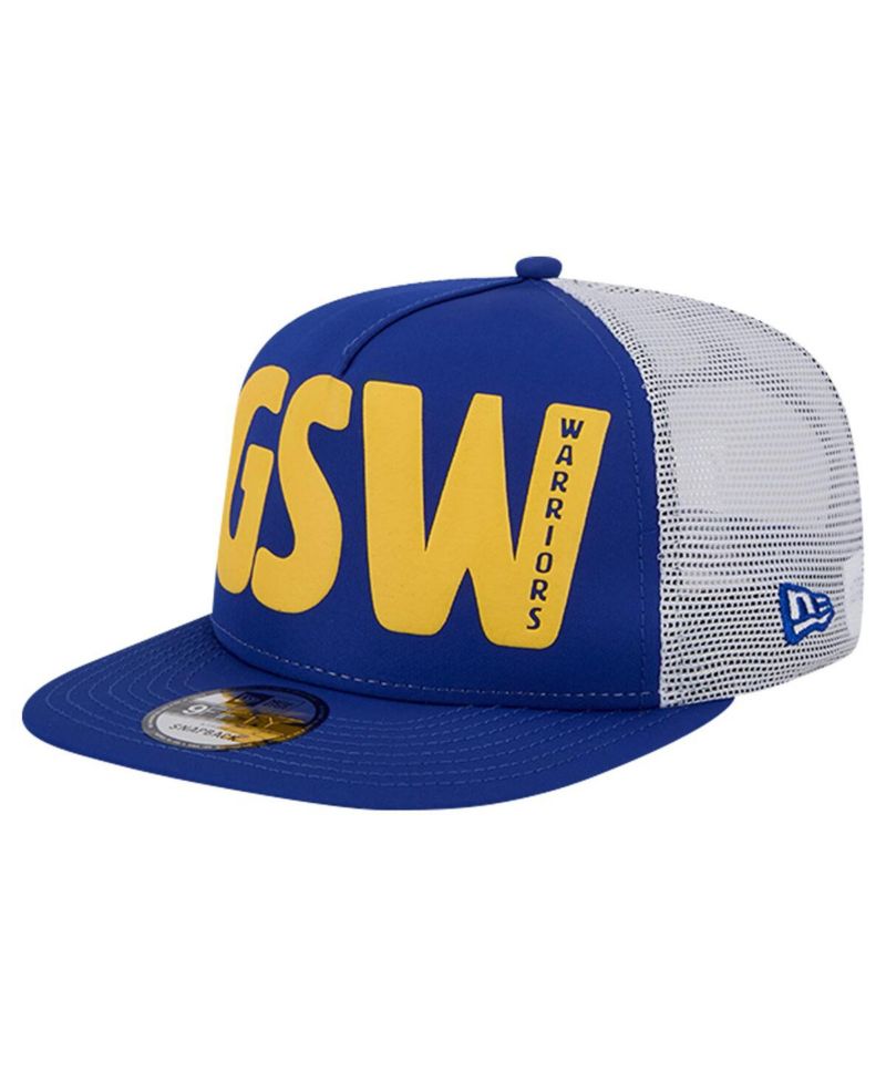 Men's Royal Golden State Warriors Puff Print Team Code A-Frame 9FIFTY Trucker Snapback Hat