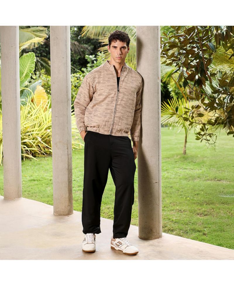 Men's Sand Beige Lined-Jacquard Bomber Jacket