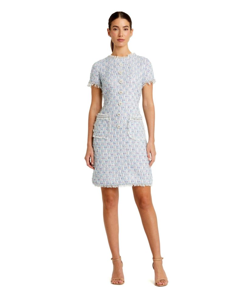 Women's Floral Buttons and Pearl Detailing Boucle Shift Dress