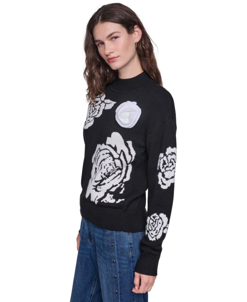 petite Mock-Neck Long-Sleeve Floral Sweater