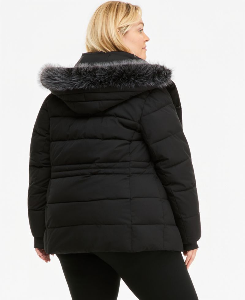 Plus Size Bibbed Faux-Fur Hooded Utility Puffer Coat