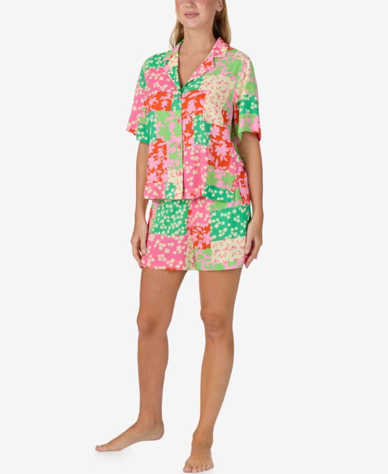 Women's Notch Collar Top and Mid-Rise Boxer Shorts, 2-Piece Set