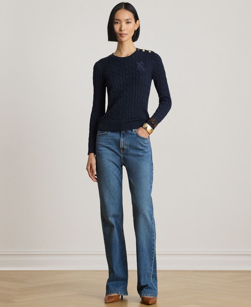 Petite Button-Trim Cable-Knit Sweater