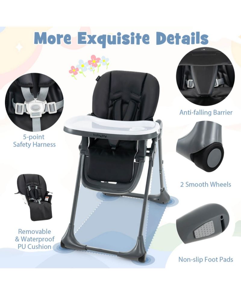 Baby High Chair w/ 7 Height and 3 Footrest Adjustable Cup holder 2 Wheels