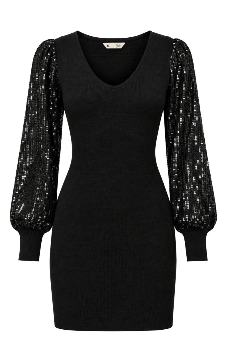 Women's Knitted Fitted Dress With Sequin Sleeves