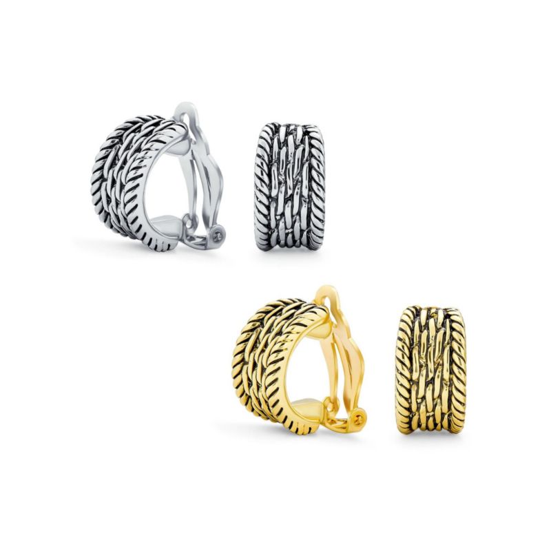 Twisted Rope Cable Chain Clip On Earrings Oxidized Silver Gold Plated 2-Set