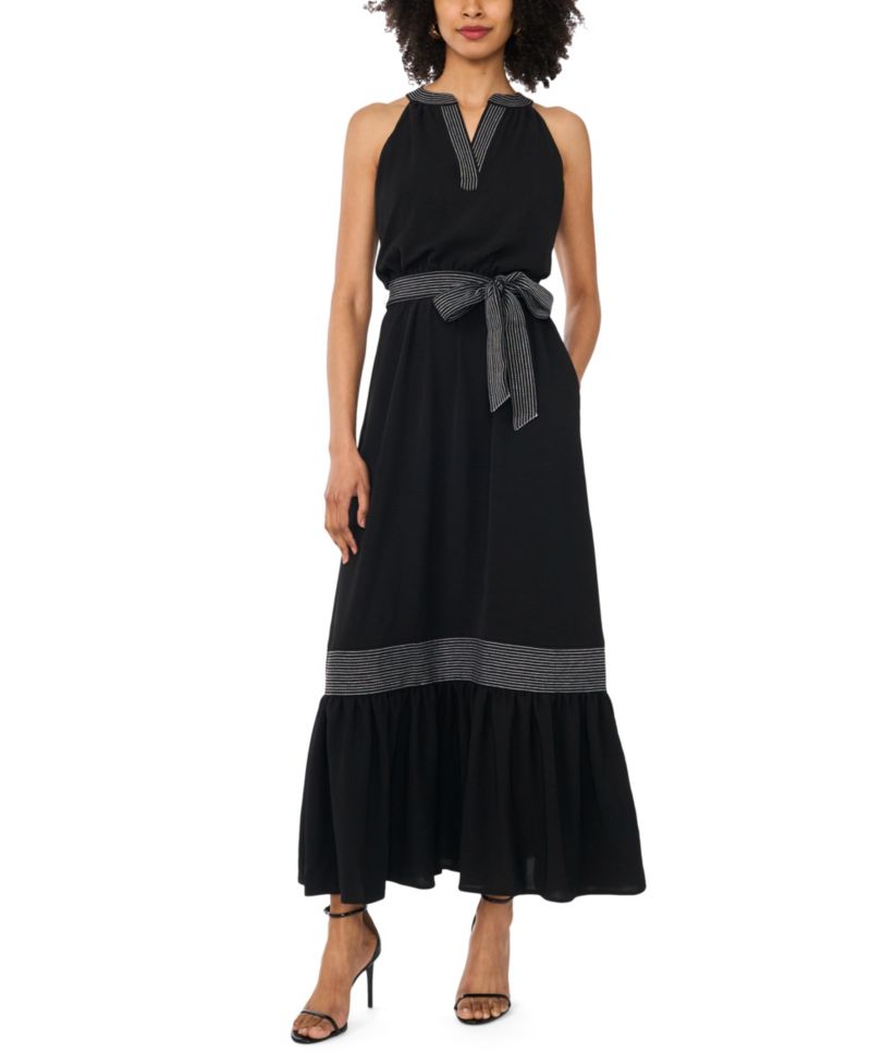 Women's Contrast Trapunto Stitch V-Neck Maxi Dress