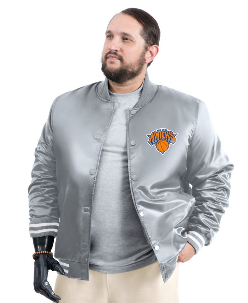 Men's Gray New York Knicks Adaptive Bold Logo Satin Varsity Jacket