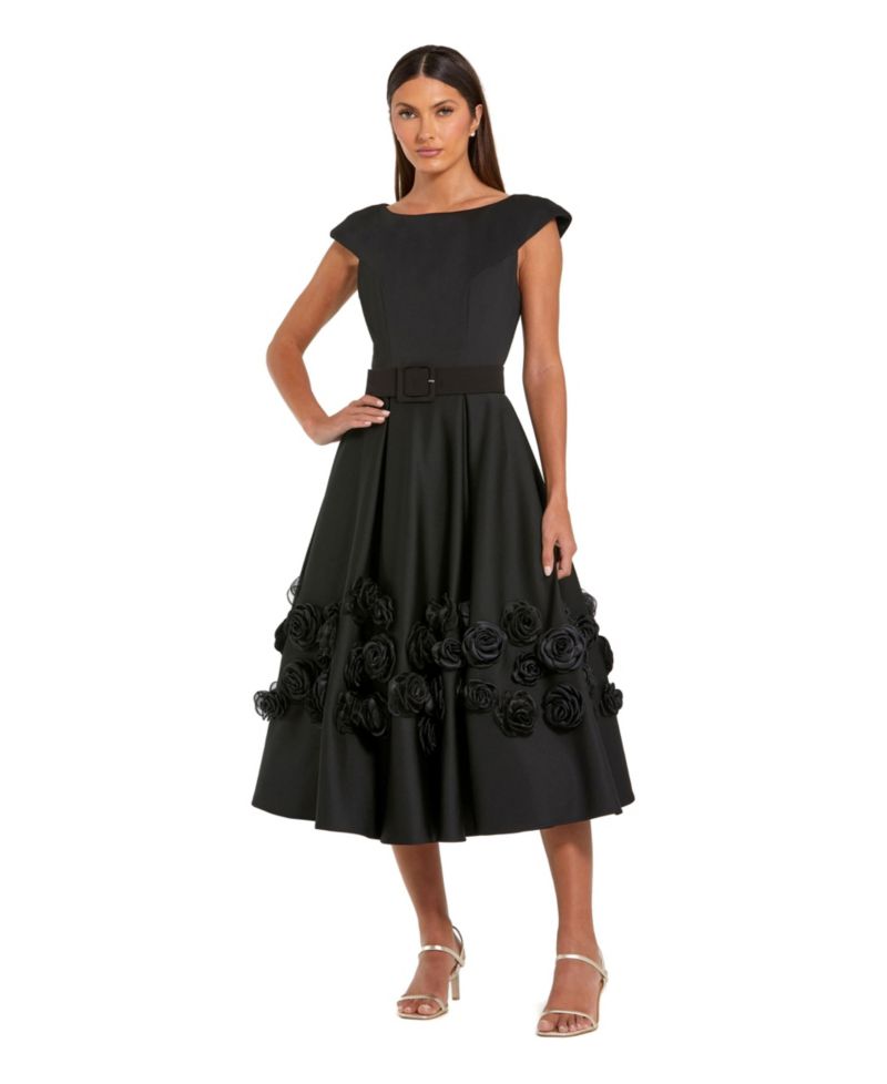 Women's Belted Floral Rosette A-Line Midi Dress