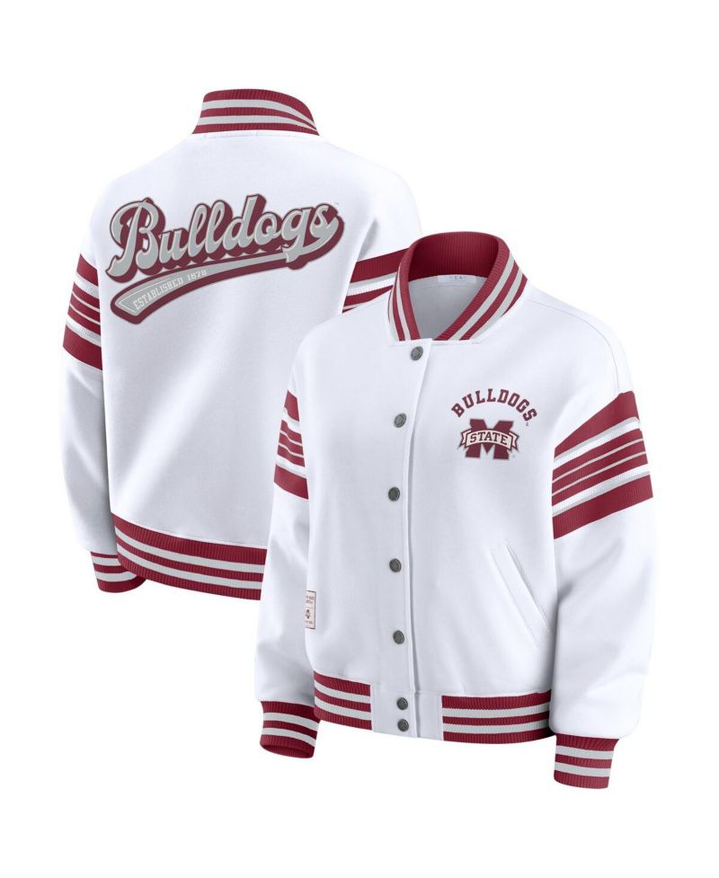 Women's White/Maroon Mississippi State Bulldogs Satin Stitch Full-Snap Fleece Sweatshirt Jacket