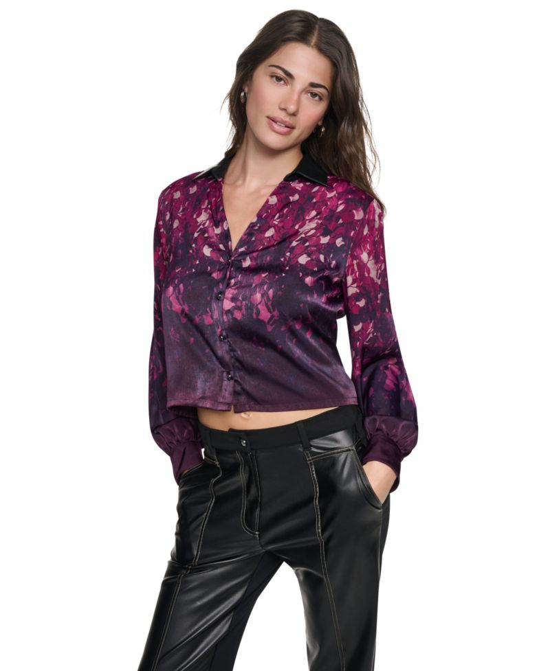Women's Long-Sleeve Button-Down Faux Leather Collar Blouse