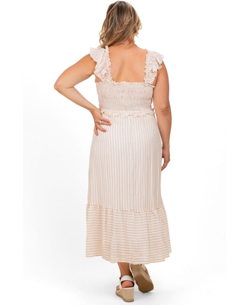 Plus Size Light Khaki Striped Smocked Midi Dress