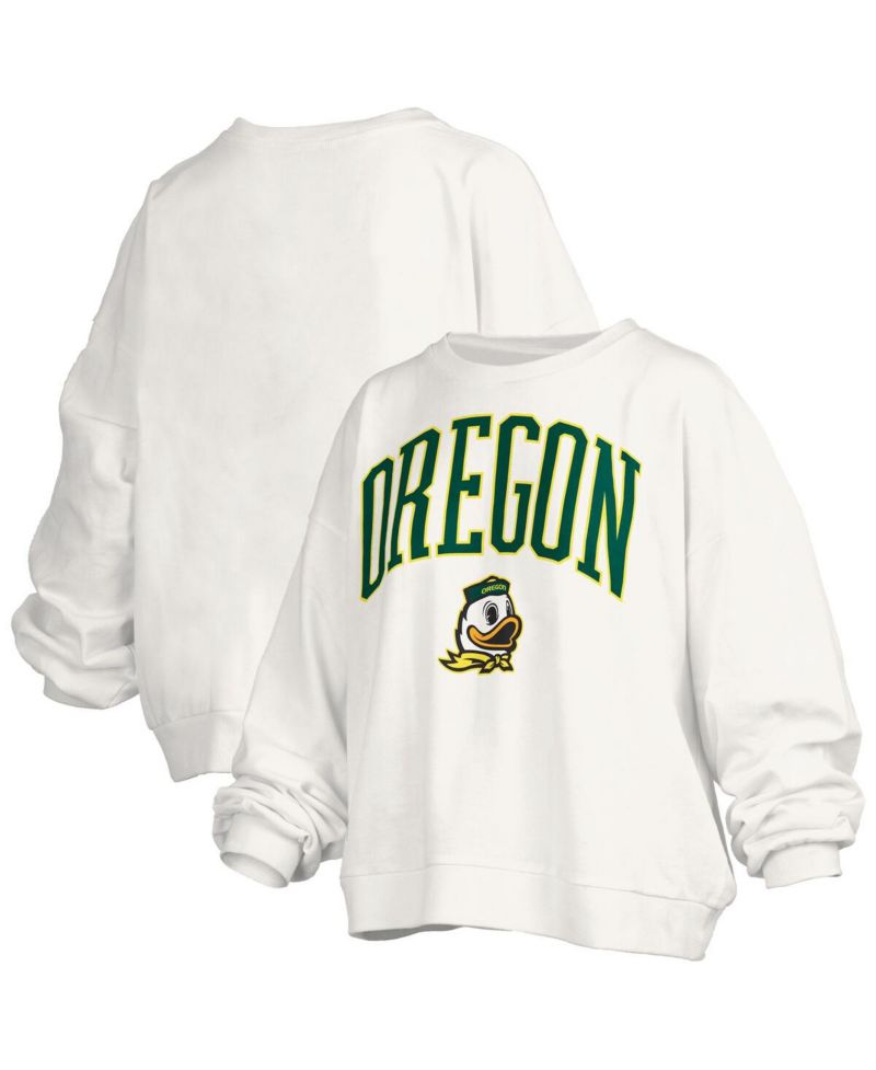 Women's White Oregon Ducks Janise Arch Over Logo Waist Length Oversized Pullover Sweatshirt