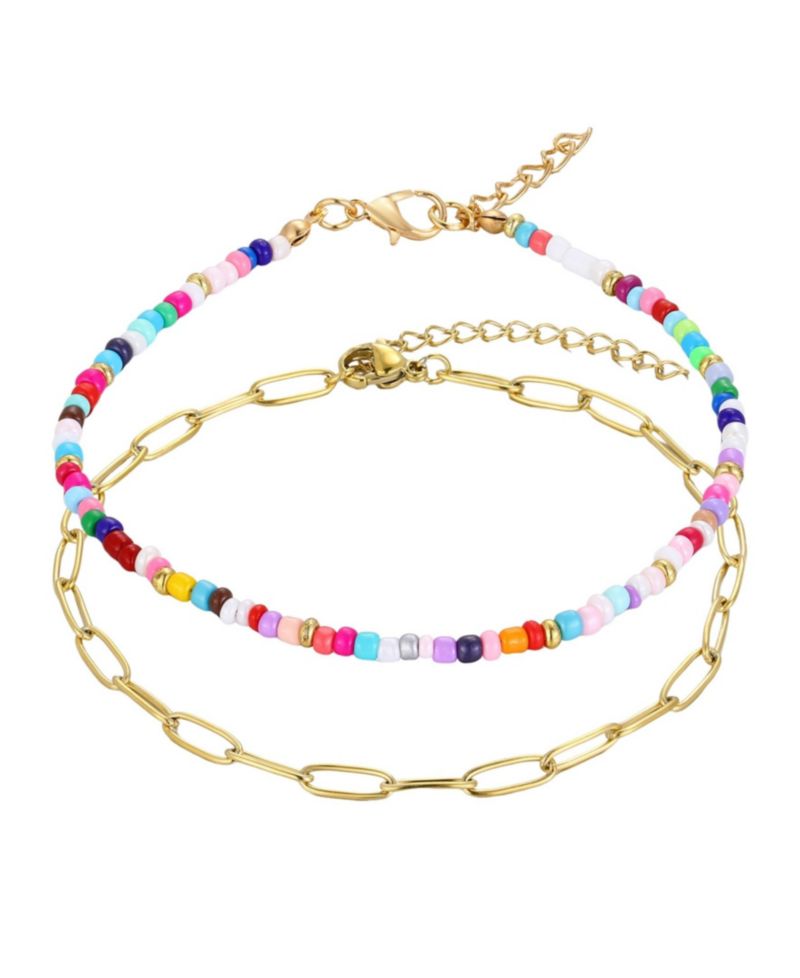 Tarnish Resistant Gold Paperclip and Color Bead Anklet Set